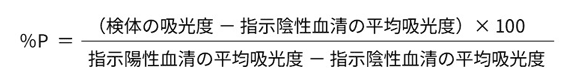 ％P ＝ (（検体の吸光度 - 指示陰性血清の平均吸光度）  × 100)/(指示陽性血清の平均吸光度 - 指示陰性血清の平均吸光度)